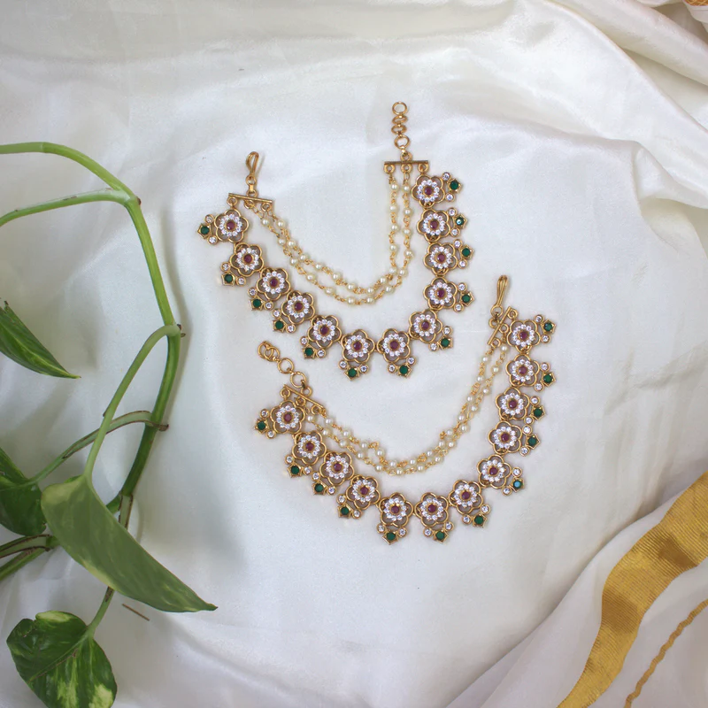 3 Line Flower Cut AD Bridal Heavy Earchain